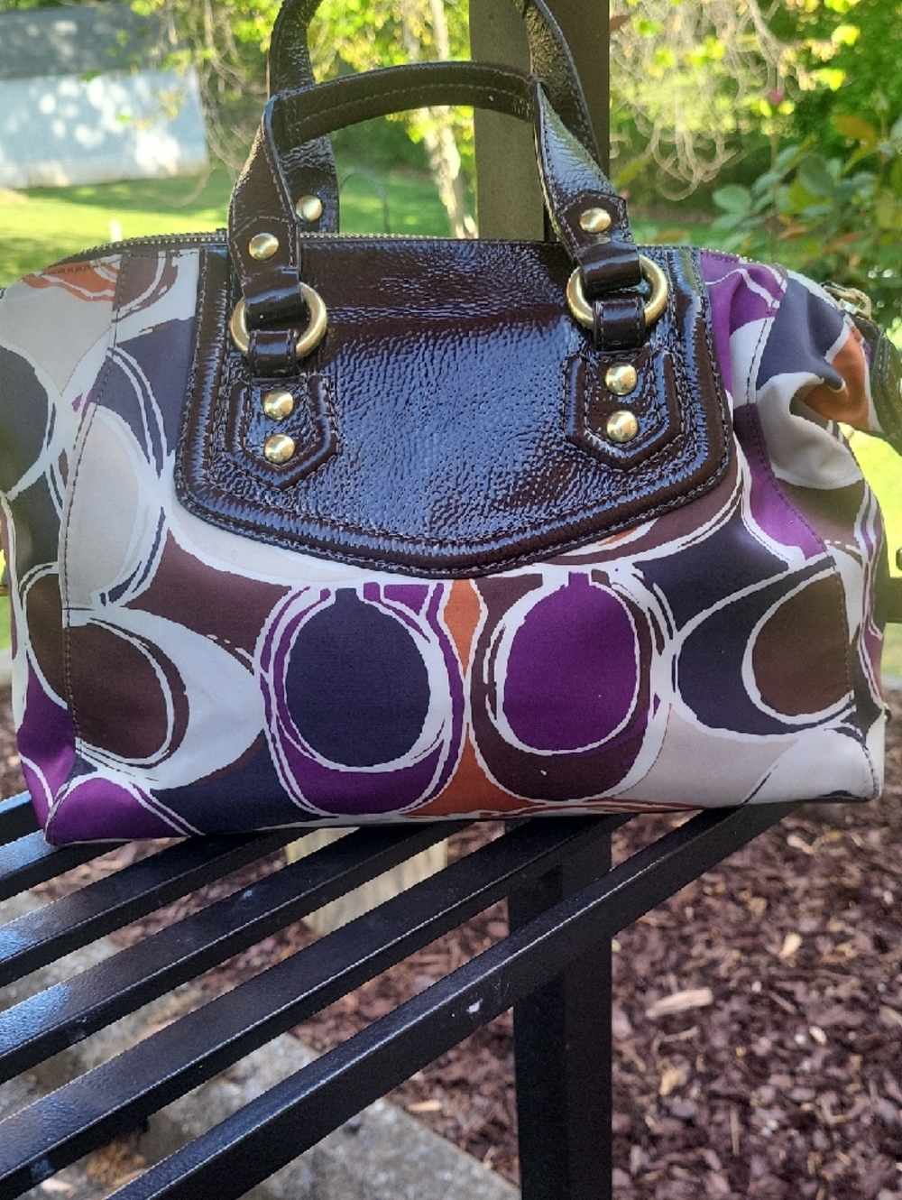 Coach Adhley Print Satchel with Brown Patent Trim - Picture 3 of 16